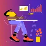 Professional cartoon girl doing SEO blog writing for businesses using her office laptop