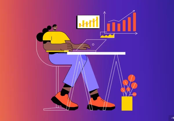 Professional cartoon girl doing SEO blog writing for businesses using her office laptop