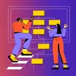 Two cartoon website designers applying web design principles