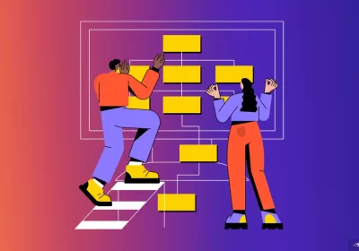 Two cartoon website designers applying web design principles