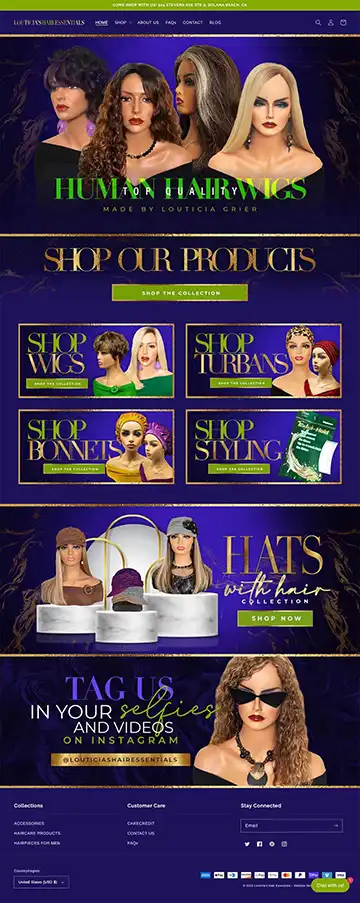 Screenshot of a custom Shopify store website design with purple background page and manikins