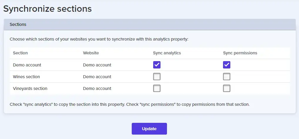 Google Analytics Synchronize Sections Screen