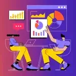 Drawing of man and woman tech people tracking your website digital presentation using laptops, charts, and graphs
