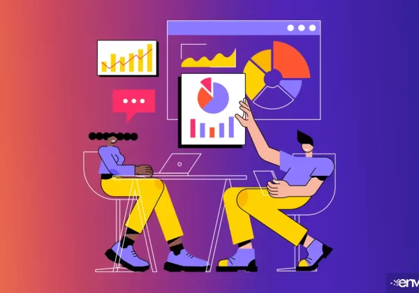 Drawing of man and woman tech people tracking your website digital presentation using laptops, charts, and graphs