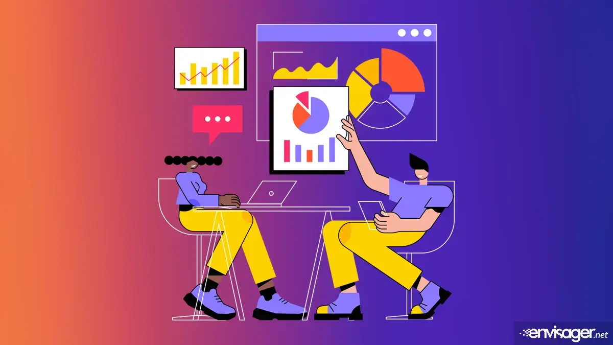 Drawing of man and woman tech people tracking your website digital presentation using laptops, charts, and graphs
