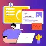 Web designer in San Diego doing microsite development on a laptop looking at analytics on big computer screen