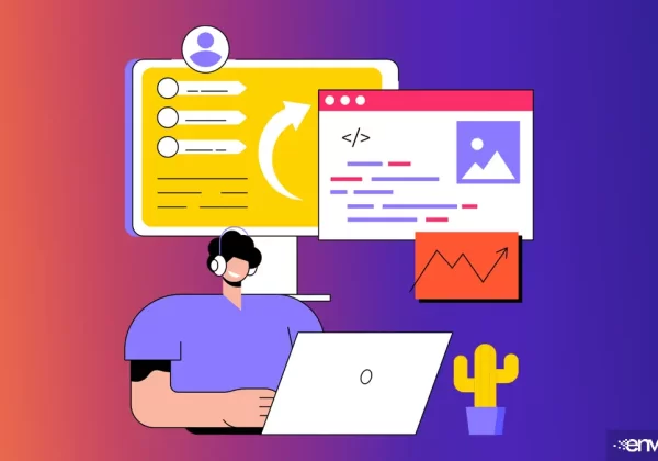Web designer in San Diego doing microsite development on a laptop looking at analytics on big computer screen