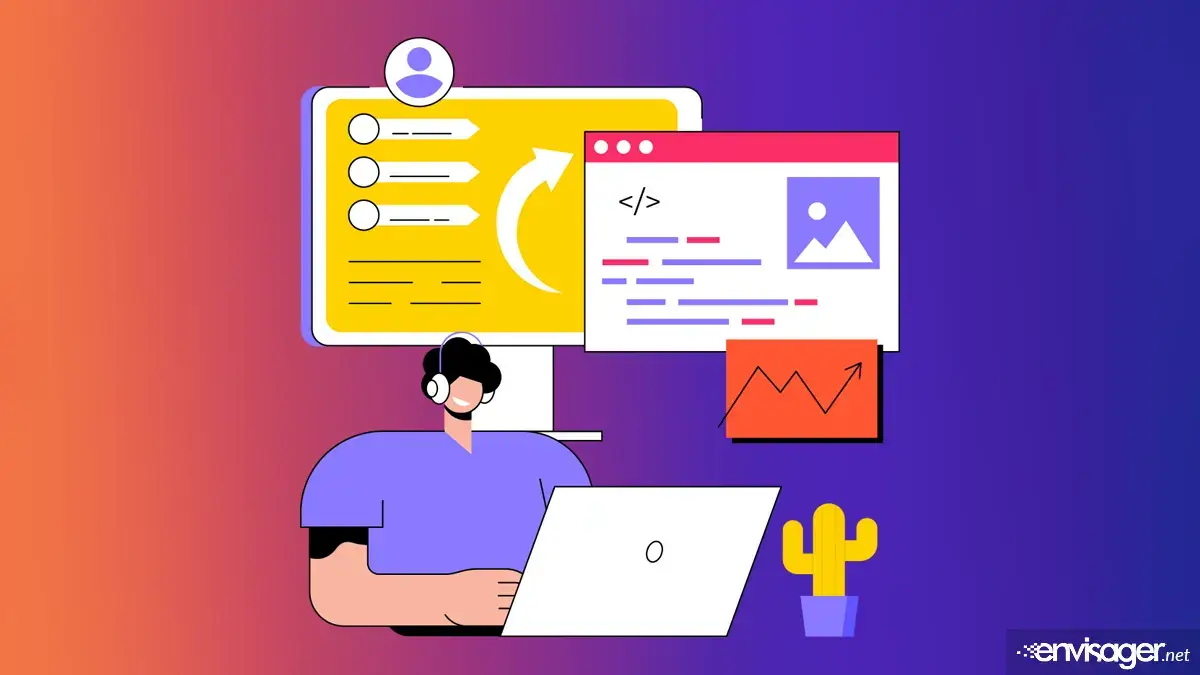 Web designer in San Diego doing microsite development on a laptop looking at analytics on big computer screen