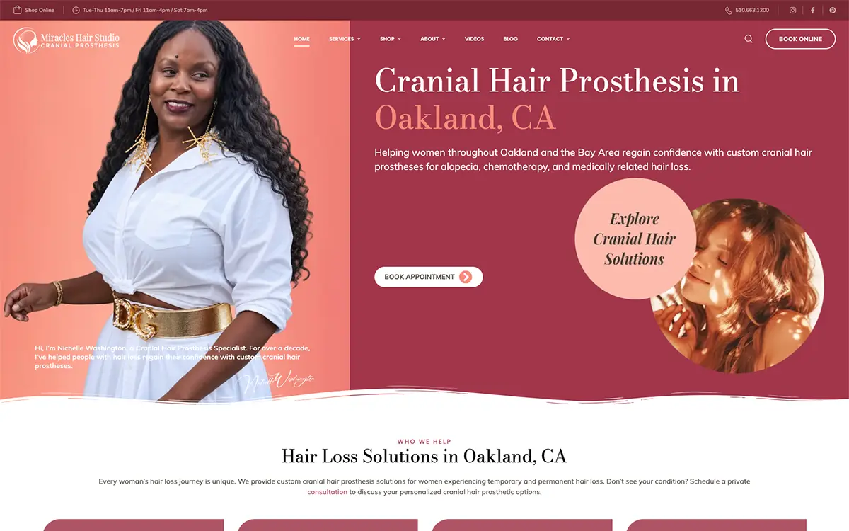 Hair replacement website design by Envisager Studio for Miracles Hair Studio, featuring a custom homepage with cranial prosthesis services, elegant branding, and online appointment booking.