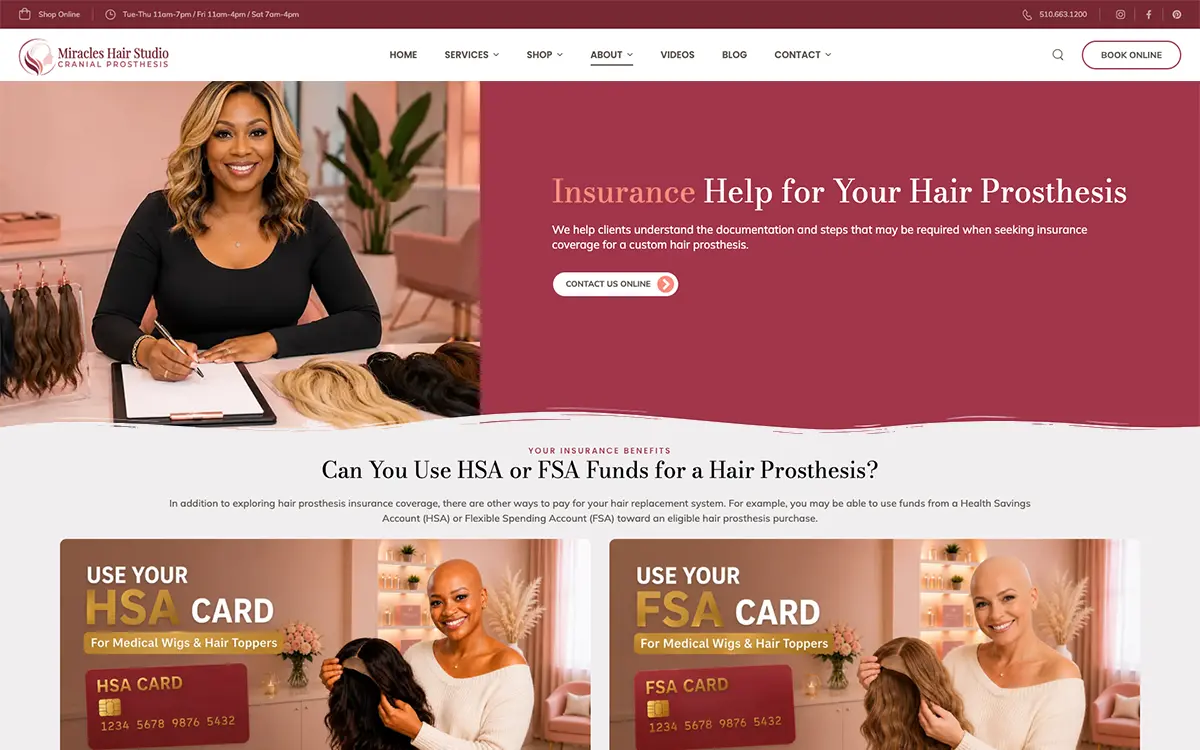 Hair replacement website design by Envisager Studio for Miracles Hair Studio, featuring a custom insurance assistance page with cranial prosthesis coverage information and HSA/FSA payment options.
