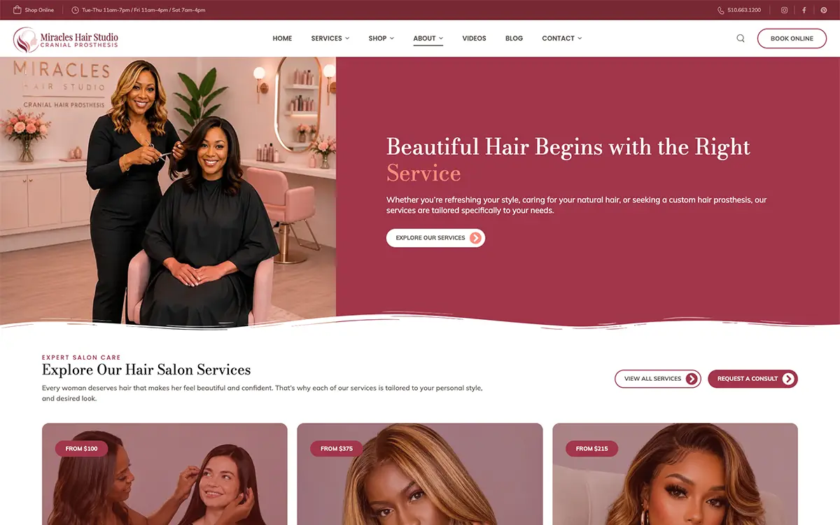 Wig store website design by Envisager Studio for Miracles Hair Studio, featuring a custom hair services page with elegant salon imagery, service pricing, and online consultation options.
