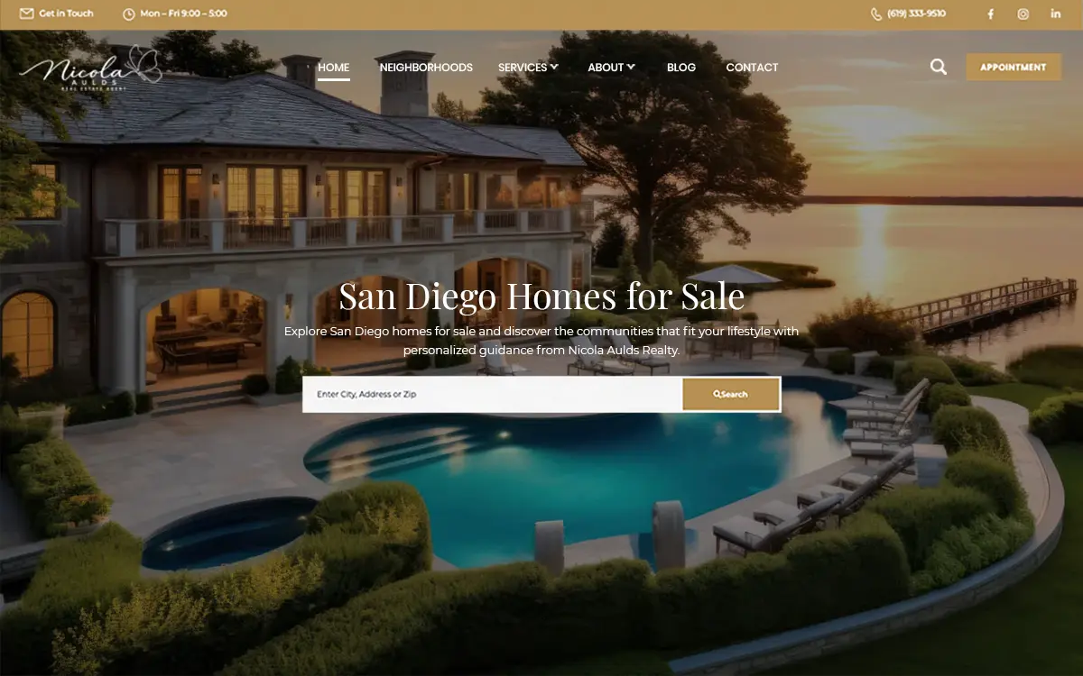 San Diego real estate website design by Envisager Studio featuring Nicola Aulds Realty's homepage with luxury waterfront property imagery, home search functionality, and elegant navigation.