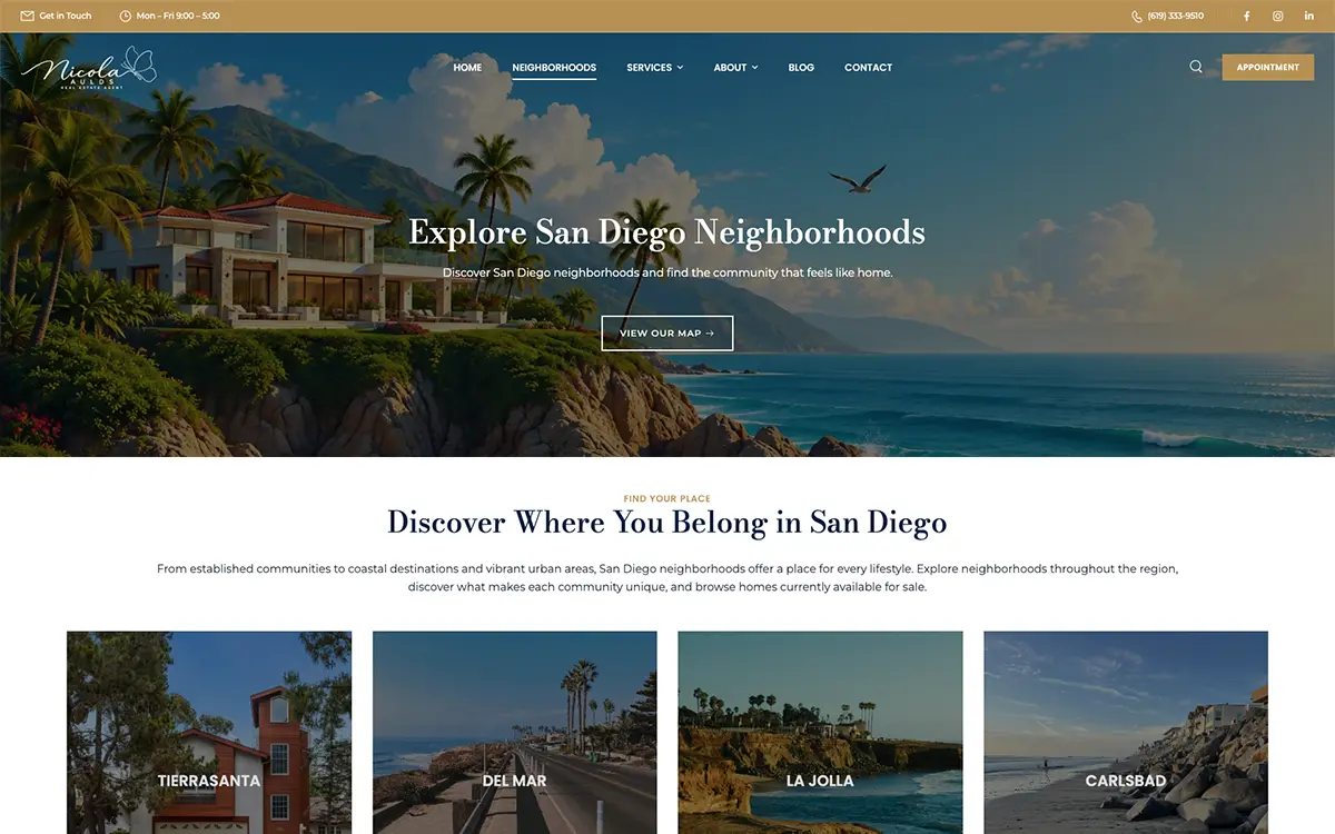 San Diego real estate website design by Envisager Studio featuring Nicola Aulds Realty's neighborhood exploration page with coastal imagery and property listings for Tierrasanta, Del Mar, La Jolla, and Carlsbad.