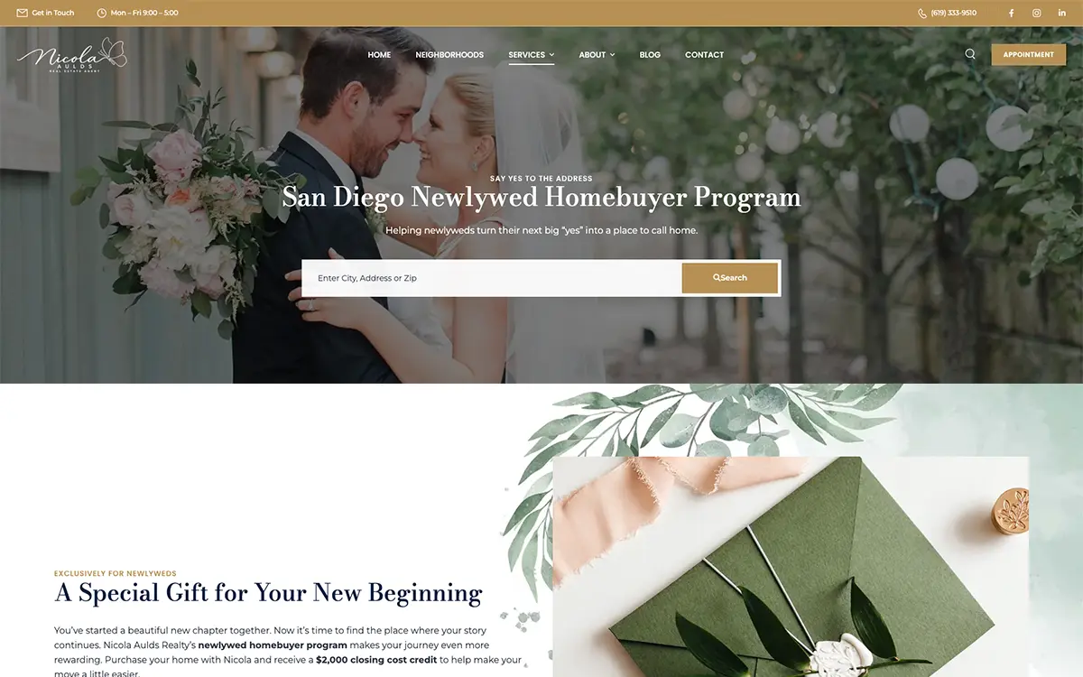 San Diego real estate website design by Envisager Studio featuring Nicola Aulds Realty's Newlywed Homebuyer Program page with wedding imagery, home search functionality, and a $2,000 closing cost credit offer.