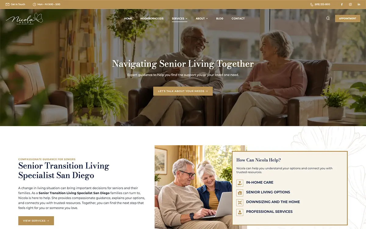 Real estate WordPress website design by Envisager Studio featuring Nicola Aulds Realty's San Diego Senior Transition Living Specialist page with senior living guidance, downsizing assistance, and support services.