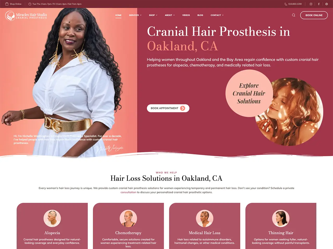 Hair replacement website design by Envisager Studio for Miracles Hair Studio, featuring a custom homepage with cranial prosthesis services, elegant branding, and hair loss solutions for women in Oakland, CA.