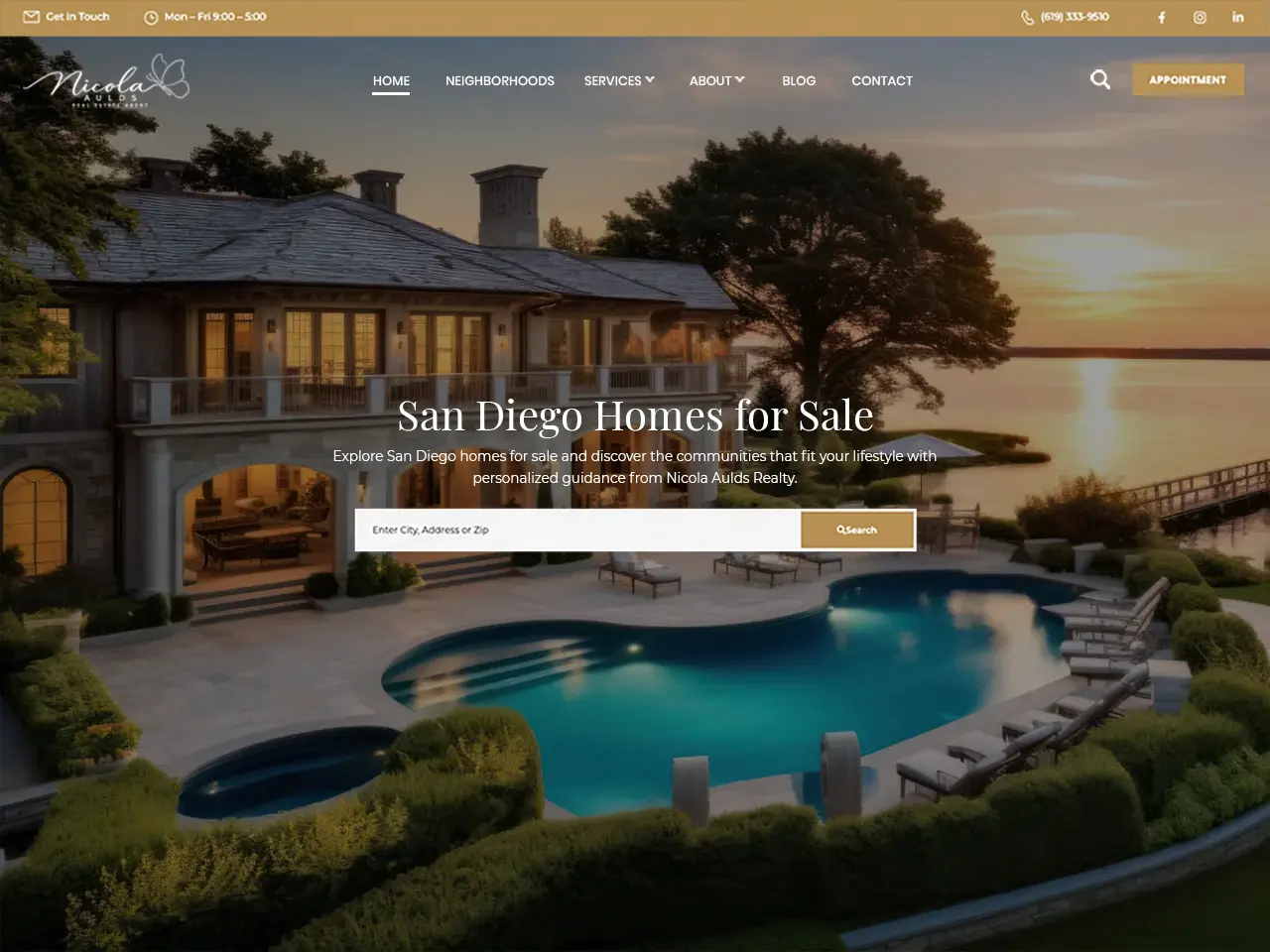 San Diego real estate WordPress website design by Envisager Studio featuring Nicola Aulds Realty's homepage with luxury waterfront property imagery, home search functionality, and elegant navigation.