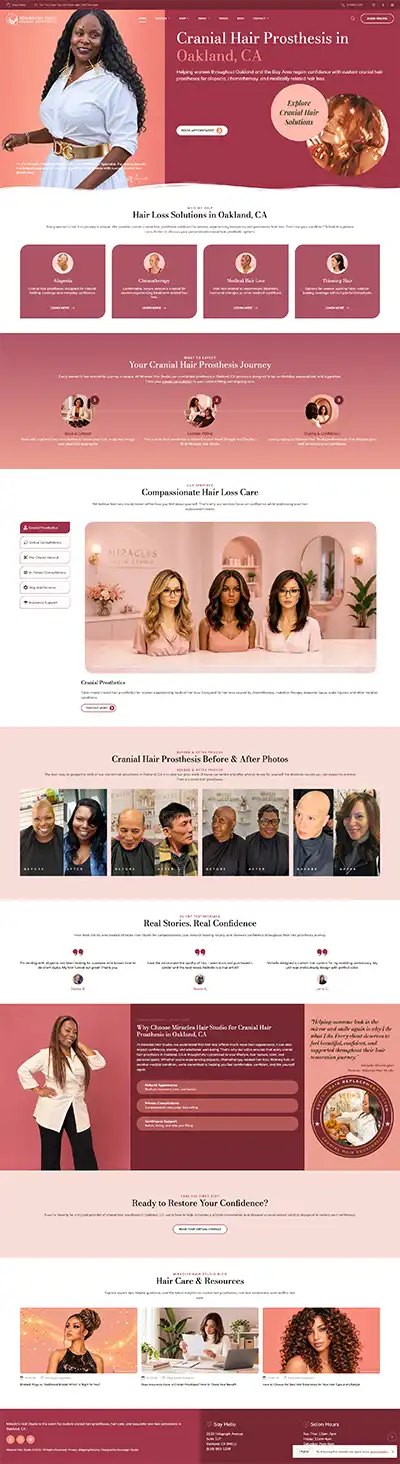 Wig store website design by Envisager Studio for Miracles Hair Studio, showcasing a custom WordPress homepage with cranial prosthesis services, before-and-after galleries, client testimonials, and hair care resources.