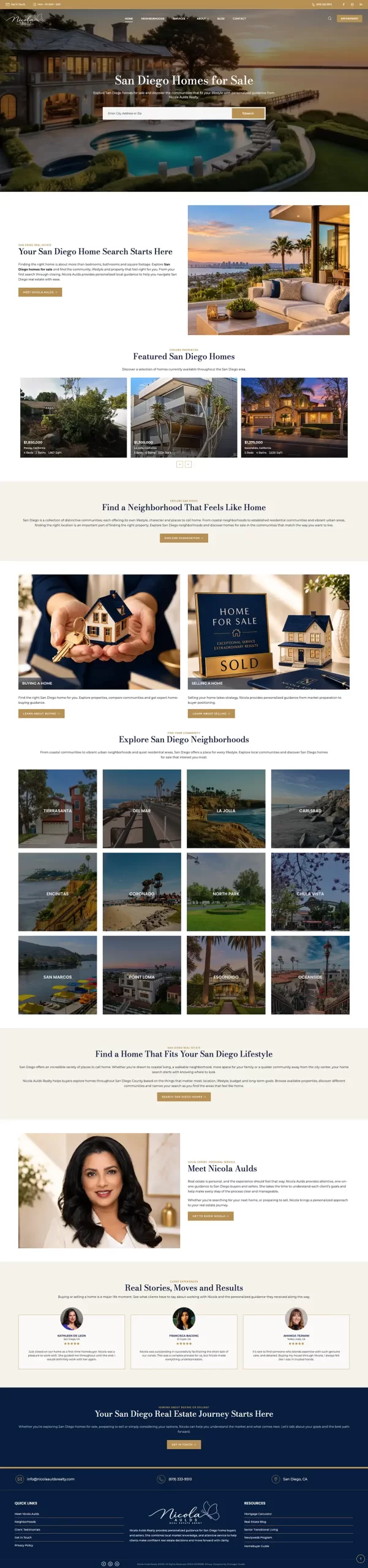 Real estate WordPress website design by Envisager Studio showcasing Nicola Aulds Realty's complete San Diego real estate homepage with property listings, neighborhood guides, homebuyer resources, agent profile, and client testimonials.