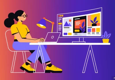 Illustration of a web designer comparing website layouts for a website redesign vs new website project