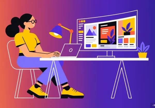 Illustration of a web designer comparing website layouts for a website redesign vs new website project