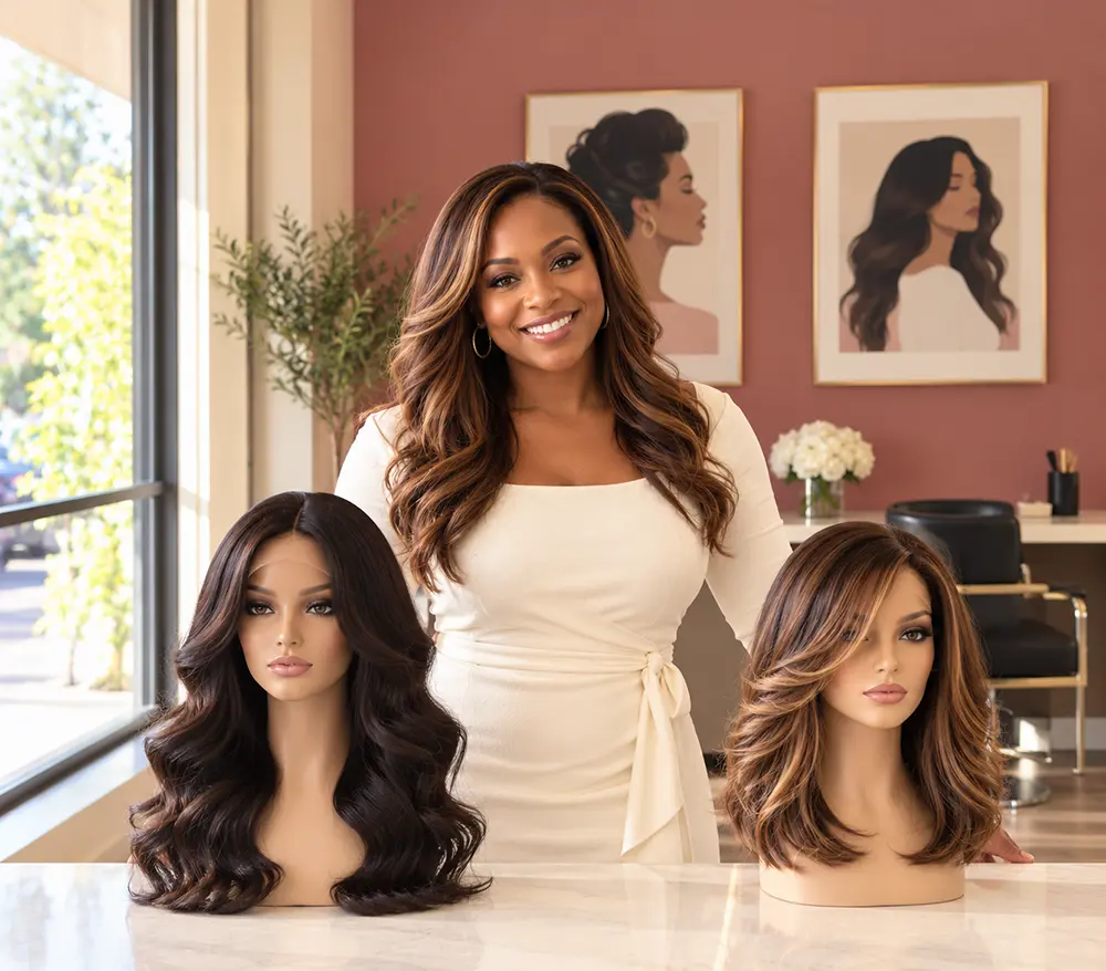 Envisager Studio wig store website design featuring a modern hair replacement boutique with a smiling woman showcasing two luxury wigs in an elegant, welcoming salon setting.